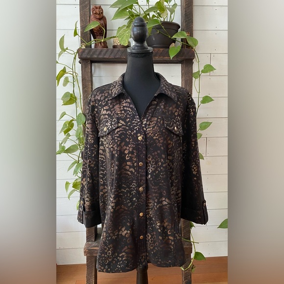 JM Collection: Black and Brown Animal Print  Jacket with Cuffed Sleeves - Picture 17 of 17